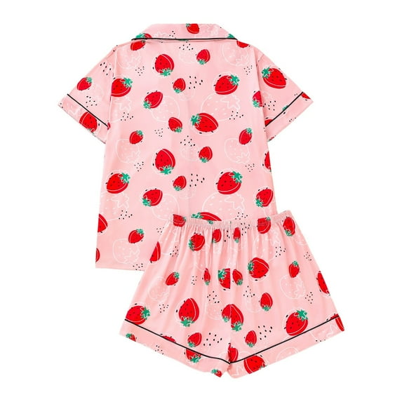XIAONU Womens Pajama Sets Strawberry Printeded Pleasure Cute Pajama Set With Lapel Cardigan Short Sleeve Short Pants Homewear
