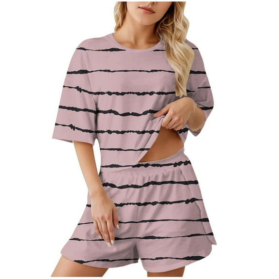 XIAONU Womens Pajama Sets Stripes Printed Pajamas Short Sleeve Round Neck Loungewear Soft Comfortable Sleepwear Shorts Outfit For Daily Home Wear