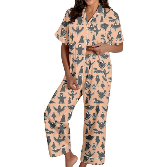 XIAONU Womens Pajama Sets Terror Ghost Printed Button Down Nightwear Halloween Baggy Short Sleeves Pants Comfy Outfit Pajamas Set