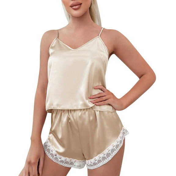 XIAONU Womens Pajama Sets Thin Strapped V Neck Off Shoulder Top Elastic Waist Lace Bottom Edge Shorts Elegant Solid Color Sleepwear