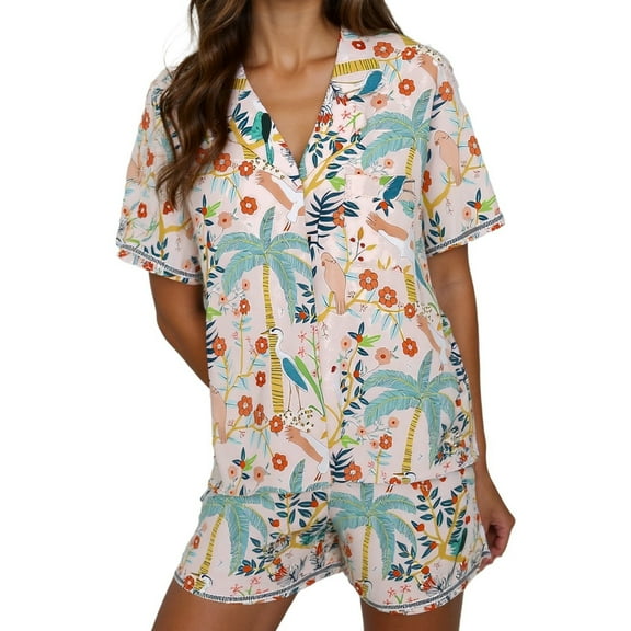 XIAONU Womens Pajama Sets Vintage Printeded Silk Pajama Set With Satin Collar Button Front Opening Comfortable Loungewear