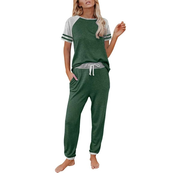 XIAONU Womens Pajamas Set Casual Color Block Short Sleeve Top And Elastic High Waist Drawsting Long Pants Sleepwear Loungewear Set