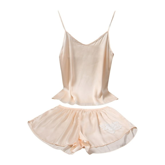XIAONU Womens Pajamas Set Elegant Lace Satin Spaghetti Top And Elastic Waist Shorts Sleepwear Solid Color Loose Comzy Homewear