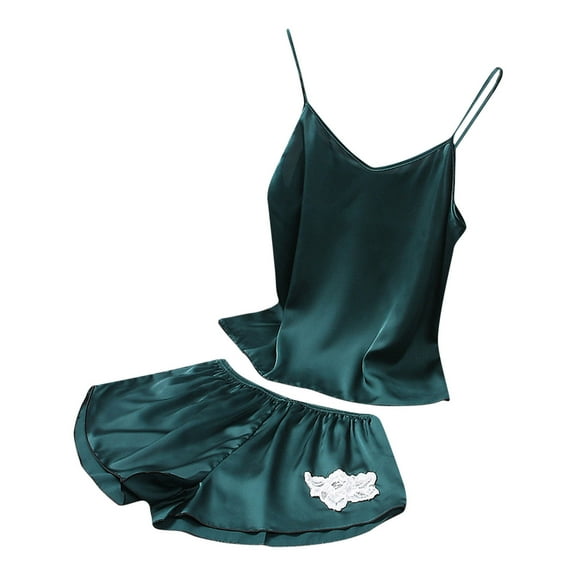 XIAONU Womens Pajamas Set Elegant Lace Satin Spaghetti Top And Elastic Waist Shorts Sleepwear Solid Color Loose Comzy Homewear