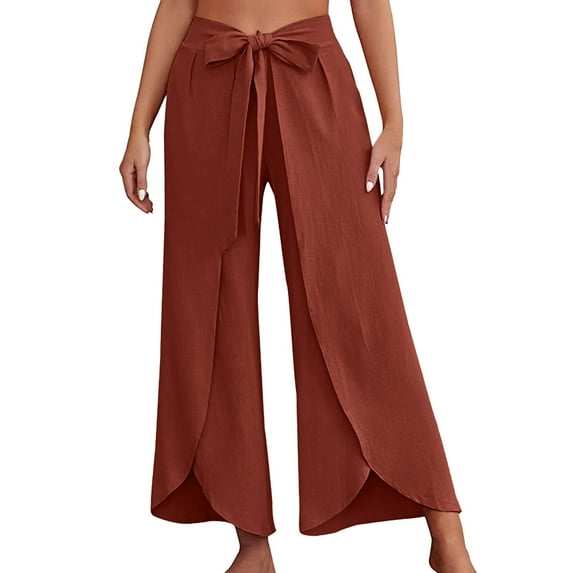XIAONU Womens Pants Bohemia Split Leg Wide Leg Pants With Belt High Waisted Trousers Business Work pleasure Beach Pants