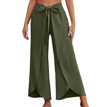 XIAONU Womens Pants Bohemia Split Leg Wide Leg Pants With Belt High Waisted Trousers Business Work pleasure Beach Pants