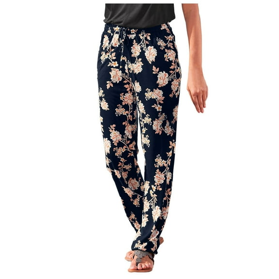 XIAONU Womens Pants Elastic High Waist Printing Trendy Trousers Elastic baggy Comfortable Trousers Boho Beach Vacation
