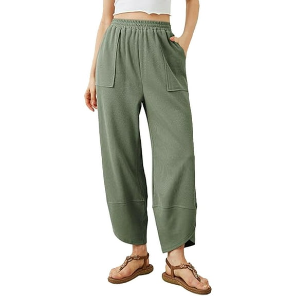 XIAONU Womens Pants Elastic Waist baggy Wide-Leg Pants With Pockets Solid Color pleasure baggy Minimalist Trousers