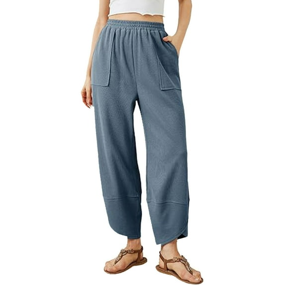 XIAONU Womens Pants Elastic Waist baggy Wide-Leg Pants With Pockets Solid Color pleasure baggy Minimalist Trousers