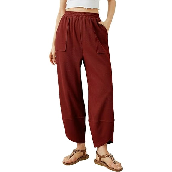 XIAONU Womens Pants Elastic Waist baggy Wide-Leg Pants With Pockets Solid Color pleasure baggy Minimalist Trousers