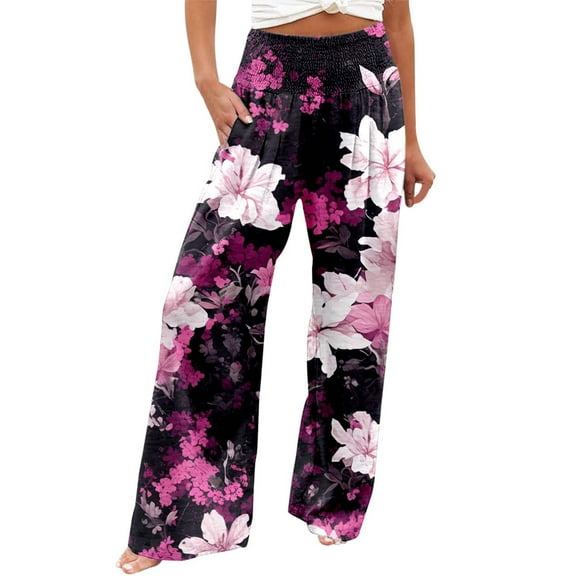 XIAONU Womens Pants Flower Printed Elastic High Waist Pants pleasure Wide Leg Long Belt Trousers With Pocket Bohemian