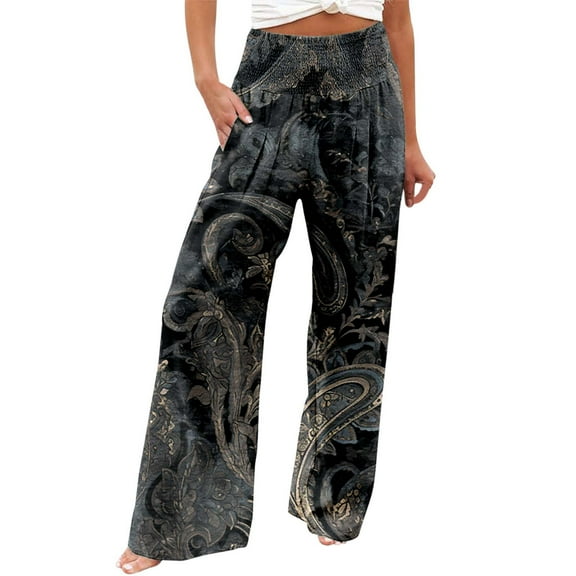 XIAONU Womens Pants Flower Printed Elastic High Waist Pants pleasure Wide Leg Long Belt Trousers With Pocket Bohemian