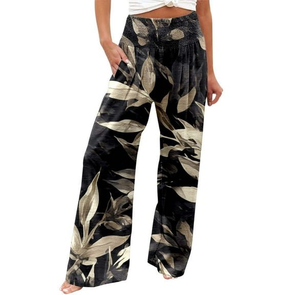 XIAONU Womens Pants Flower Printed Elastic High Waist Pants pleasure Wide Leg Long Belt Trousers With Pocket Bohemian