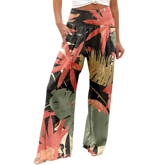 XIAONU Womens Pants Flower Printed Elastic High Waist Pants pleasure Wide Leg Long Belt Trousers With Pocket Bohemian