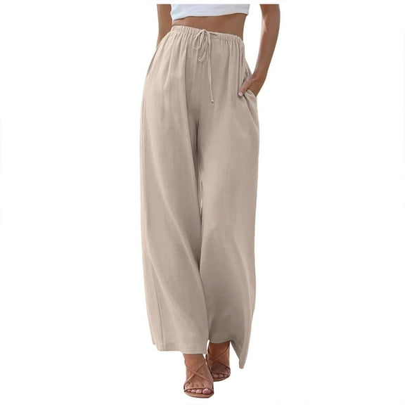 XIAONU Womens Pants High Waisted Wide Leg Palazzo Pants pleasure Summer Drawstring Trousers Flowy Beach Pants With Pockets
