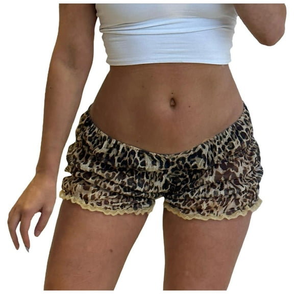 XIAONU Womens Pants Leopard Shorts Frill Lace Trim Shorts Y2K Print Boy Shorts Smocked Ruched Micro Shorts Bottoms
