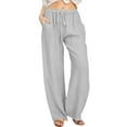 thumbnail image 1 of XIAONU Womens Pants Linen Pants With Elastic High Waist Drawstring Wide-Leg Design, Solid Color Simple And baggy pleasure Style With Pockets, 1 of 8