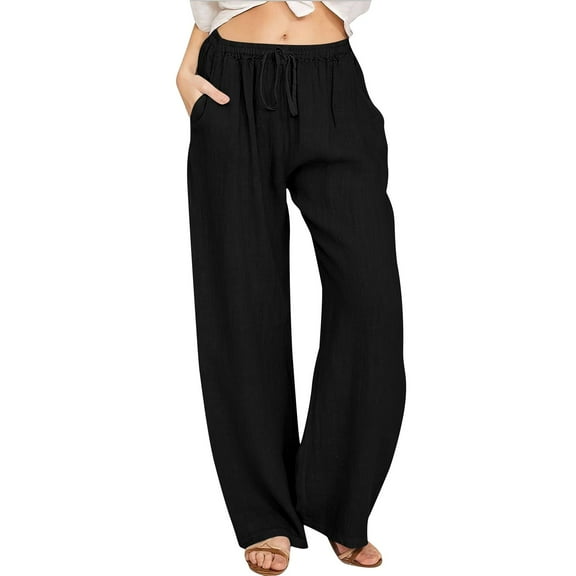XIAONU Womens Pants Linen Pants With Elastic High Waist Drawstring Wide-Leg Design, Solid Color Simple And baggy pleasure Style With Pockets