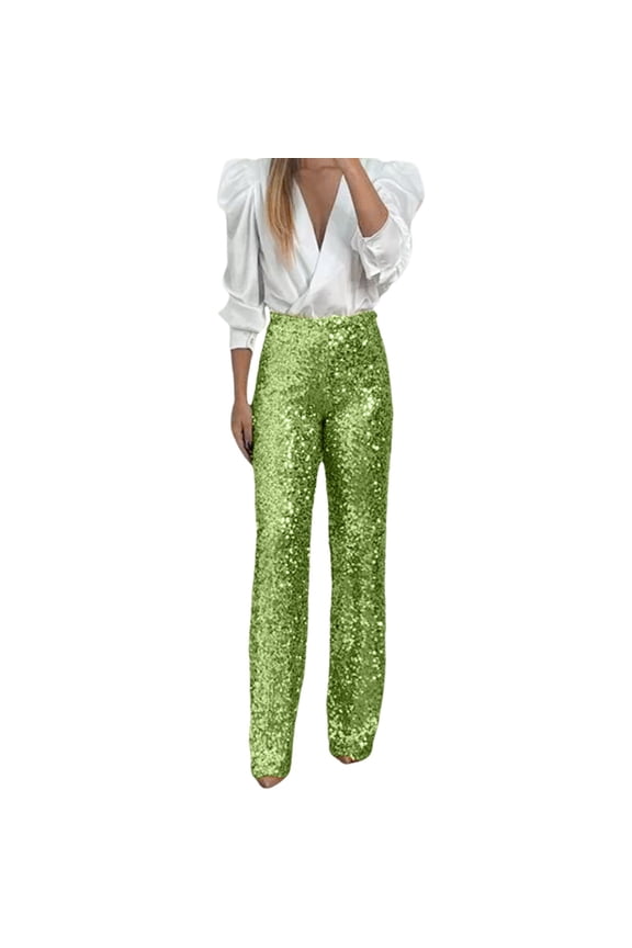Womens Pants Sequin Elastic Waist Slim Fit Flare Pants pleasure Solid Color Trendy Long Pants With Pockets