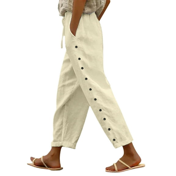 XIAONU Womens Pants Solid Color Elastic Waist baggy Trousers Side Button Decoration Versatile Nine Point pleasure Pants