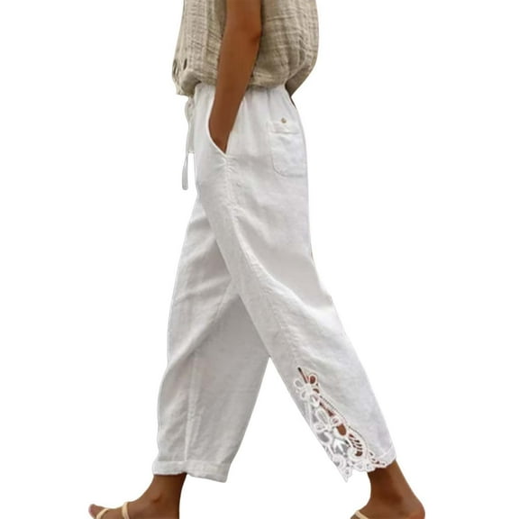XIAONU Womens Pants Trendy Solid Color Lace Spliced Trousers High Waist Drawstring 9/10 Length Pants With Pockets