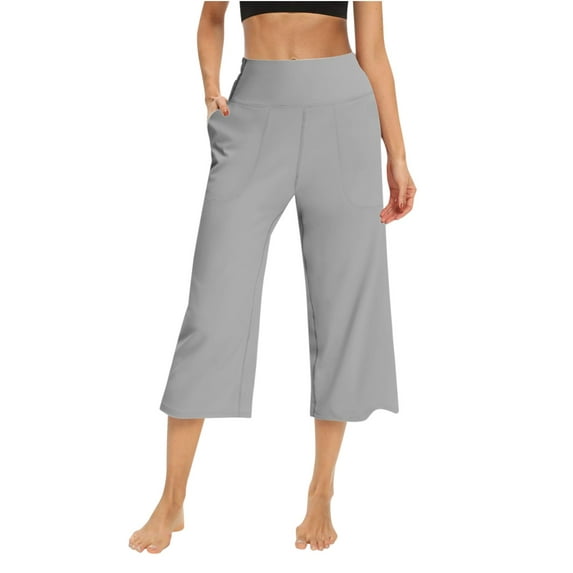 XIAONU Womens Pants pleasure Wide High Waist Exercise Capris Pants Sporty Yoga Pants Wide-Leg Cropped Pants With Pockets