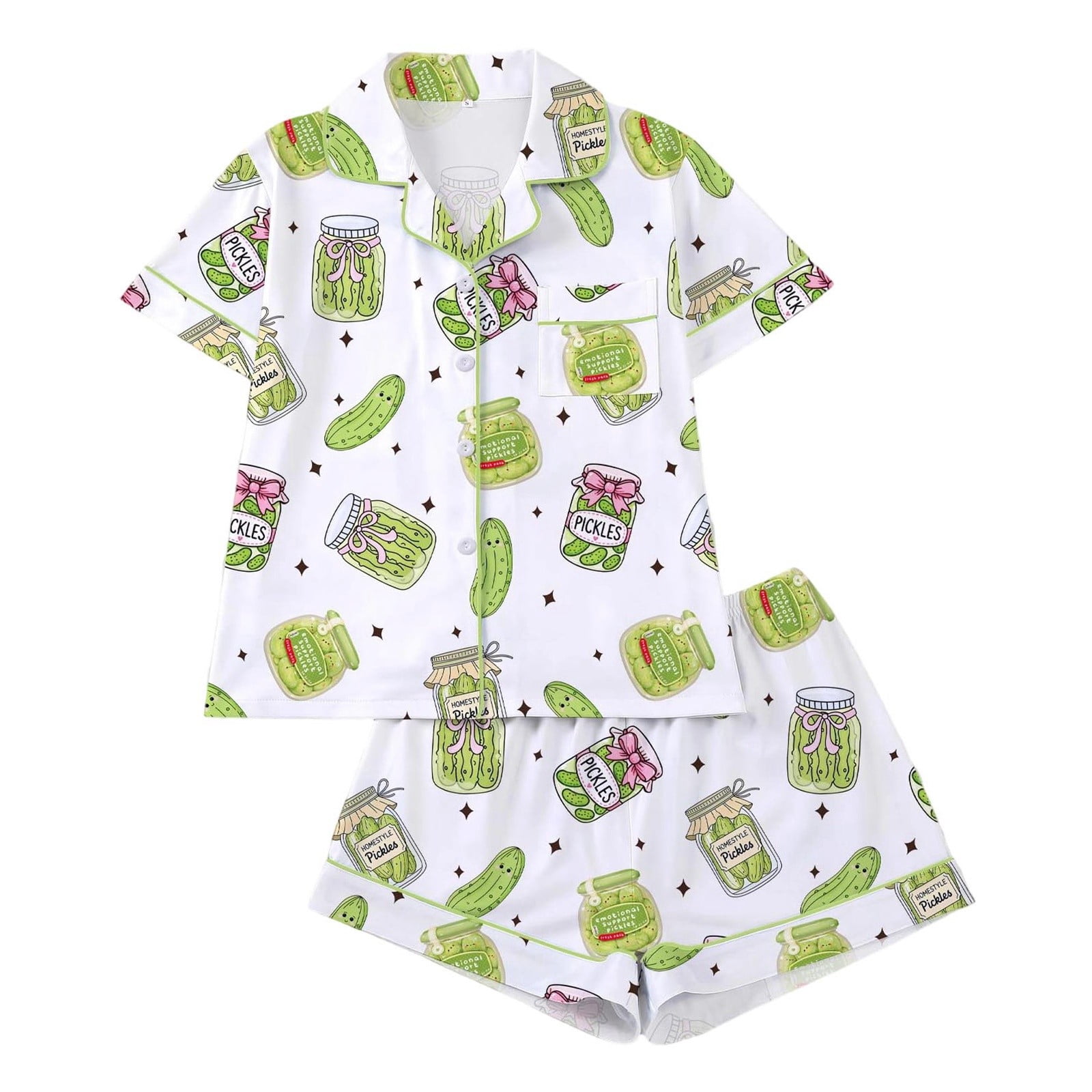 Pickle Sleep XIAONU Womens Pickle Jar Print Pajama Set Loose Short Sleeve Notched ...