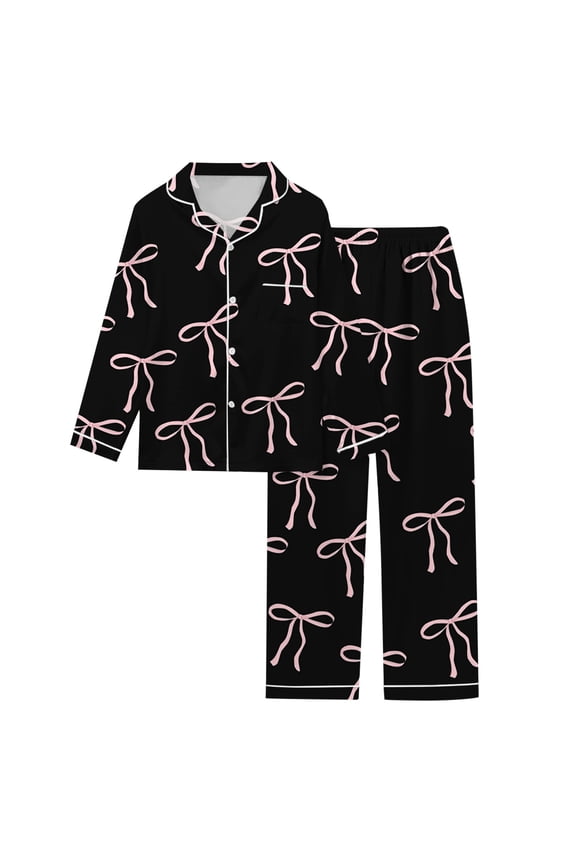 Womens Pink Bow Print Pajama Set Loose Long Sleeve Notch Collar Loungewear Soft Sweet Relax Pajamas
