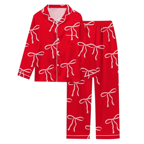 XIAONU Womens Pink Bow Print Pajama Set Loose Long Sleeve Notch Collar Loungewear Soft Sweet Relax Pajamas