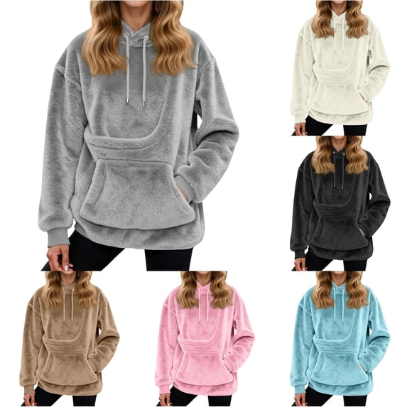 XIAONU Womens Plush Hoodie Oversized Pocket Daily Walking Pullover Sweatshirt