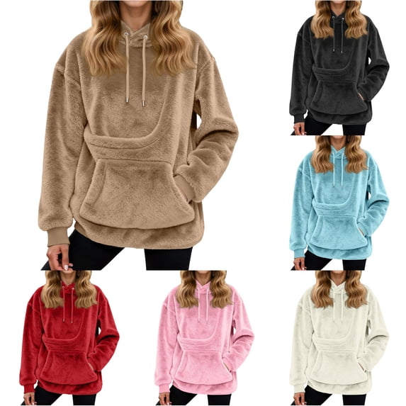 XIAONU Womens Plush Hoodie Oversized Pocket Daily Walking Pullover Sweatshirt