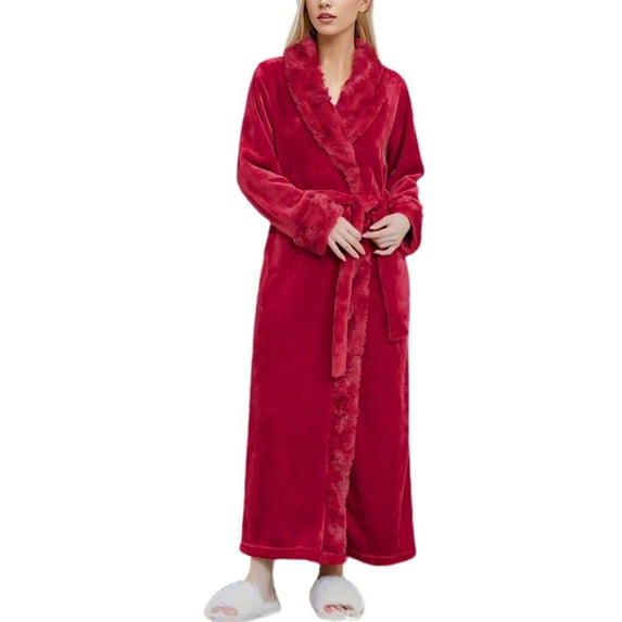 XIAONU Womens Plush Trimmed Bathrobe Belted Shawl Collar Full-Length Robe Luxurious Elegant Spa Loungewear