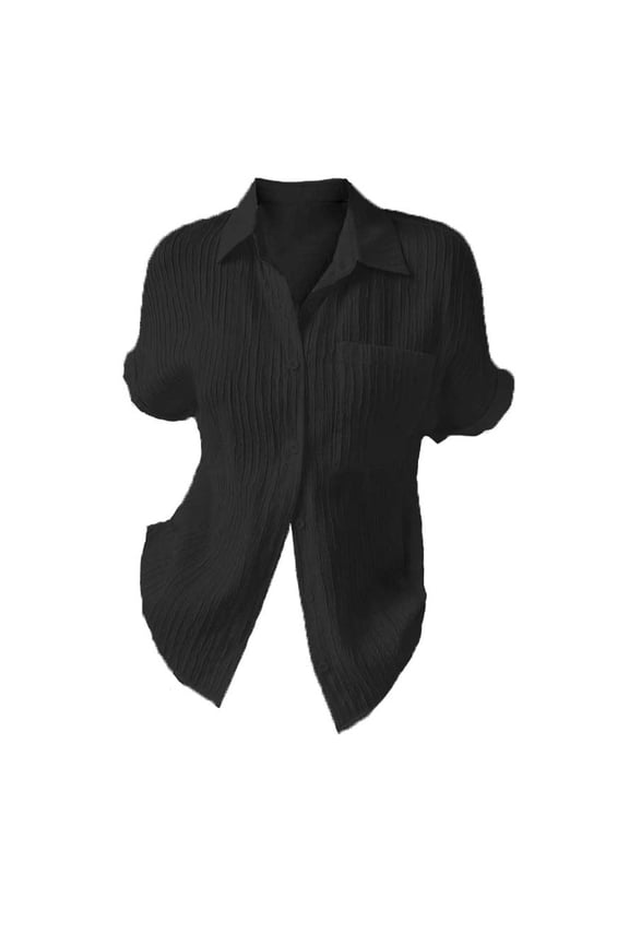 Womens Pocketed Textured Cropped Shirt Short Sleeves Collared Button Down Top Lightweight Chic office Shirts