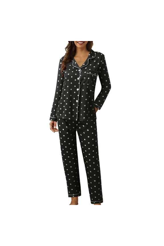 Womens Polka Dot Pajama Set Long-Sleeve Top Pants Sleepwear Winter Warm Comfy Casual Home Wear