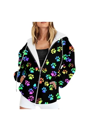 Womens Rainbow Paw Print Zip Up Hooded Jacket All Over Colorful Pet Print Casual Coat