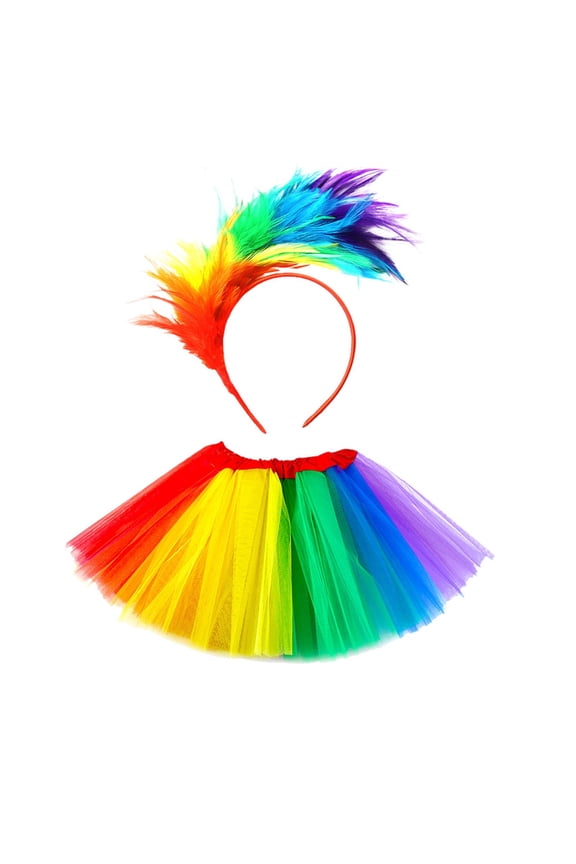 Womens Rainbow Tutu Costume Set Layered Tulle Skirt With Feather Headband Vibrant Pride Festival Party Dress-Up Set