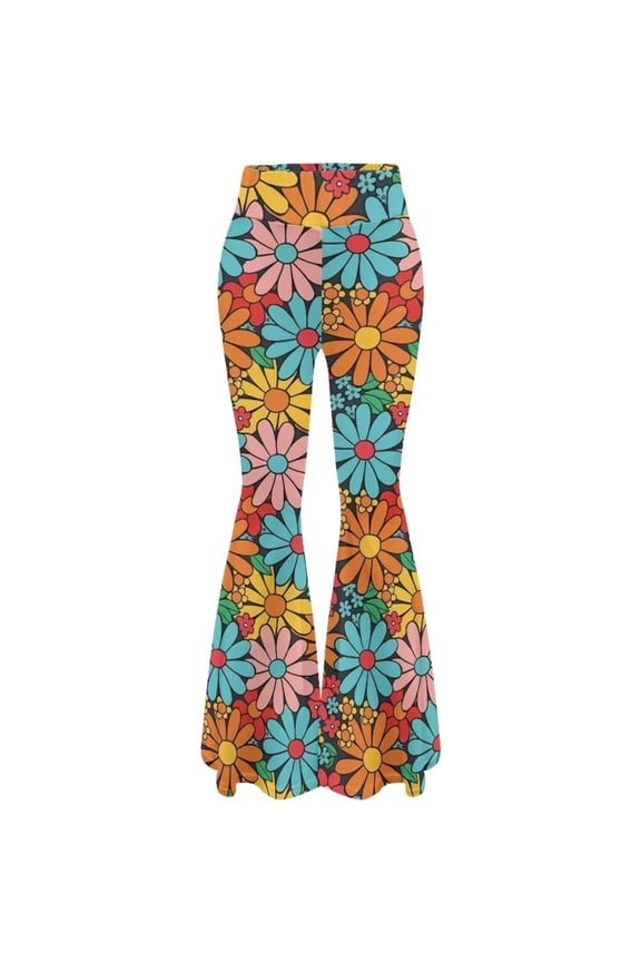 Womens Retro Floral Print Flared Pants Stretch Fit High Waisted Full Length Pant Vibrant Boho Pants