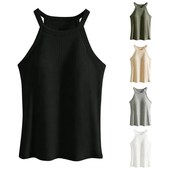 XIAONU Womens Ribbed Halter Tank Top Sleeveless Slim Fit Gym Daily Camis