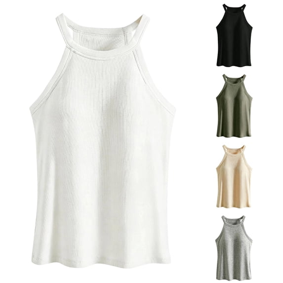 XIAONU Womens Ribbed Halter Tank Top Sleeveless Slim Fit Gym Daily Camis