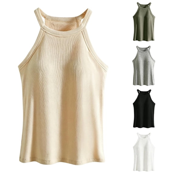 XIAONU Womens Ribbed Halter Tank Top Sleeveless Slim Fit Gym Daily Camis