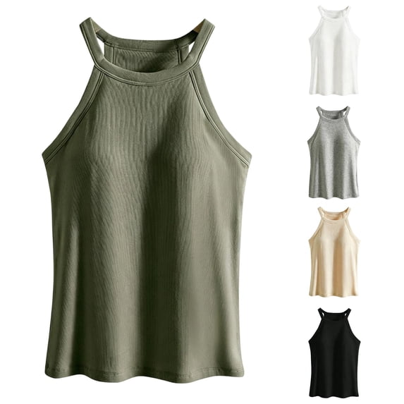 XIAONU Womens Ribbed Halter Tank Top Sleeveless Slim Fit Gym Daily Camis
