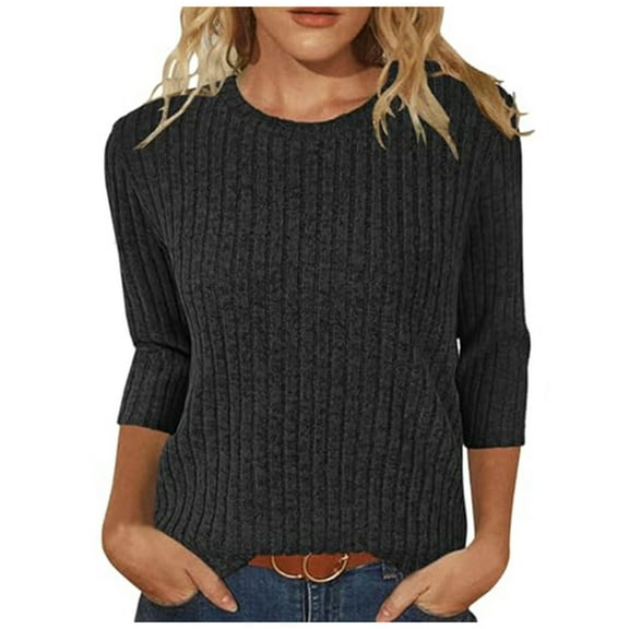 XIAONU Womens Ribbed Knit T Shirts 3/4 Sleeve Crew Neck Tee Casual Loose-Fit Mid-Length Pullover Top
