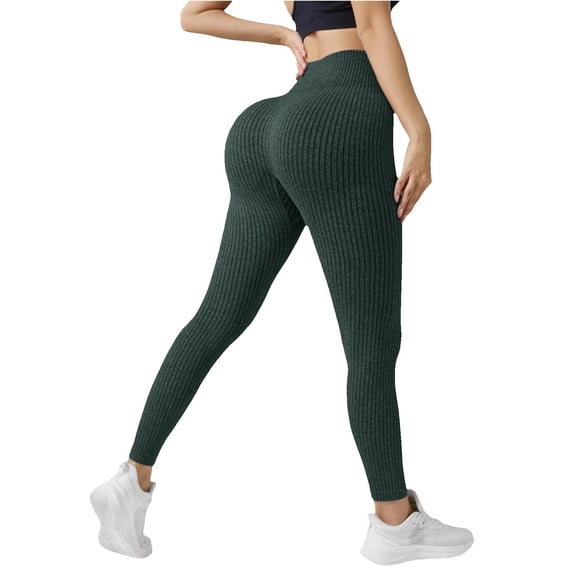 XIAONU Womens Ribbed Seamless Leggings High Waisted Butt Lifting Stretch Pants For Yoga Gym Workout Casual Wear