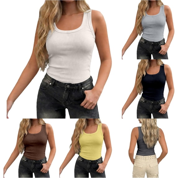XIAONU Womens Ribbed Tank Top U Neck Sleeveless Slim Fit Daily Shirt