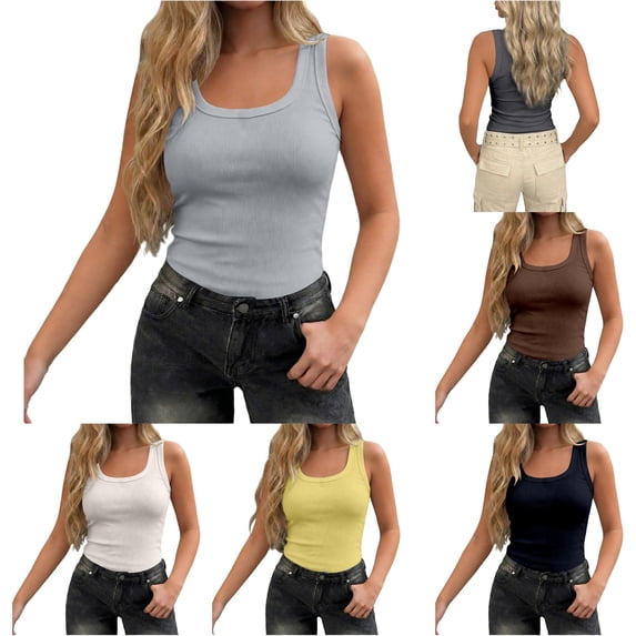 XIAONU Womens Ribbed Tank Top U Neck Sleeveless Slim Fit Daily Shirt