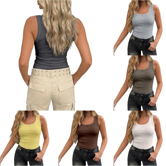 XIAONU Womens Ribbed Tank Top U Neck Sleeveless Slim Fit Daily Shirt