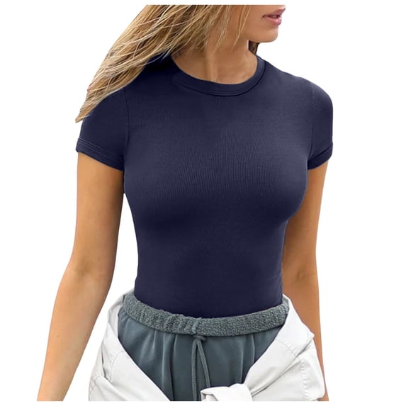XIAONU Womens Ribbed Tee Slim Fit Short Sleeve Crew Neck T Shirt Stretchy Casual Daily Wear Tees