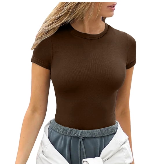 XIAONU Womens Ribbed Tee Slim Fit Short Sleeve Crew Neck T Shirt Stretchy Casual Daily Wear Tees