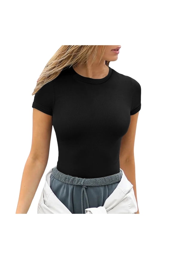 Womens Ribbed Tee Slim Fit Short Sleeve Crew Neck T Shirt Stretchy Casual Daily Wear Tees