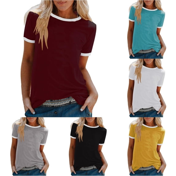 XIAONU Womens Ringer T Shirt Short Sleeve Crew Neck Everyday Summer Basic Top